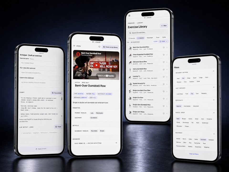 bycoach exercise library with 1200+ videos and form cues